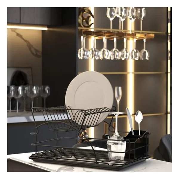 Geseus Home Iki Katlı Tabaklık Bulaşıklık Mat Siyah KB009S