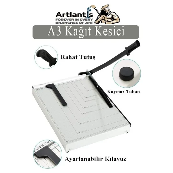 Giyotin Kağıt Kesme Makinesi A3 Metal Kollu Tablalı A5-A4-A3 Ayarlanabilir Sürgülü Paslanmaz Kaliteli