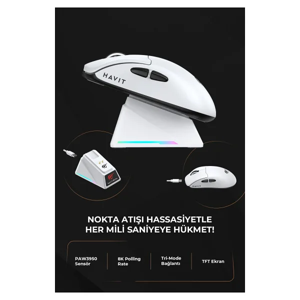 Havit Gamenote M5 PRO Superlight Kablosuz Gaming Mouse - 30.000 DPI, PAW3950 - RGB Şarj Standlı - Ekranlı