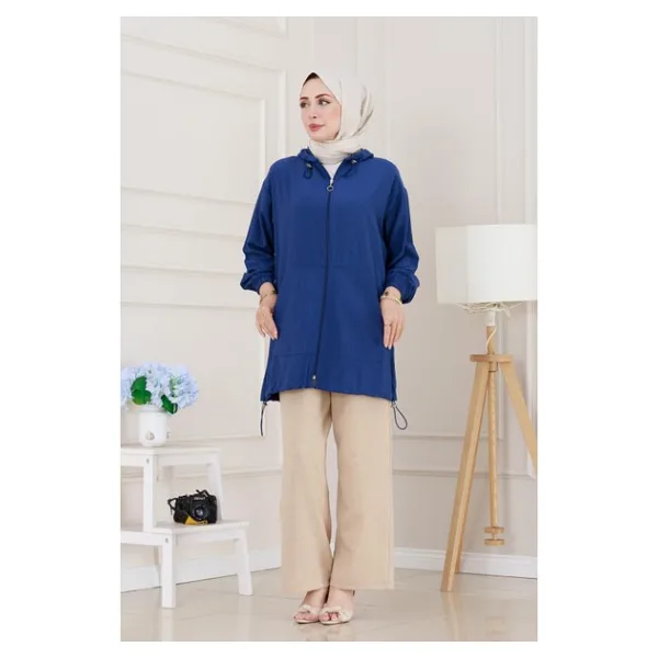 Lastik Detaylı Kapüşonlu Kap-Indigo - 40