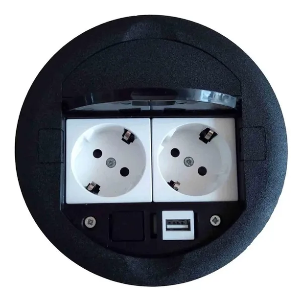 Masa Üstü Priz Kutusu Gömme Tip Siyah + 2 Ad. Priz + 1 Ad. USB Geçiş
