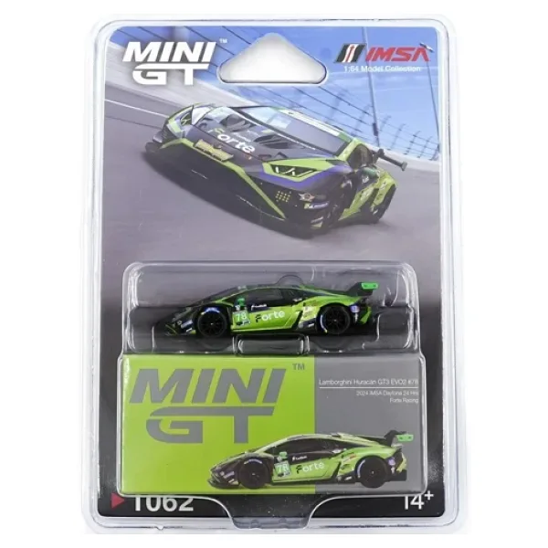 MINI GT 1:64 Lamborghini Huracan GT3 EVO2 #78 Forte Racing 2024 IMSA Daytona 24 Saat Blister Paket MGT01062-BL