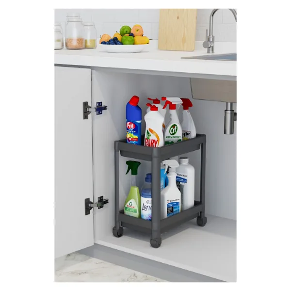 Mithra Life 2 Katlı Tekerlekli Tezgah Altı Siyah Banyo Mutfak Rafı Mıt1121