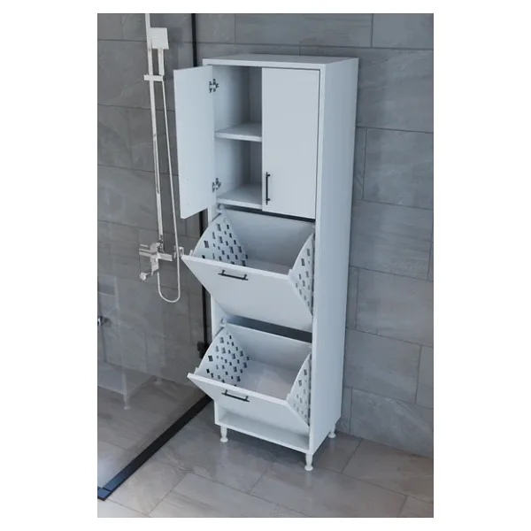 Nergiz Beyaz ve Renkli Kirli Çamaşır Sepetli Çok Amaçlı Banyo Dolabı