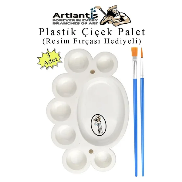 Plastik Çiçek Palet 3 Adet Çiçek Boya Paleti 8 Hazneli 17 cm Resim Boyama Paleti Fırça Hediyeli Sanatsal Hobi