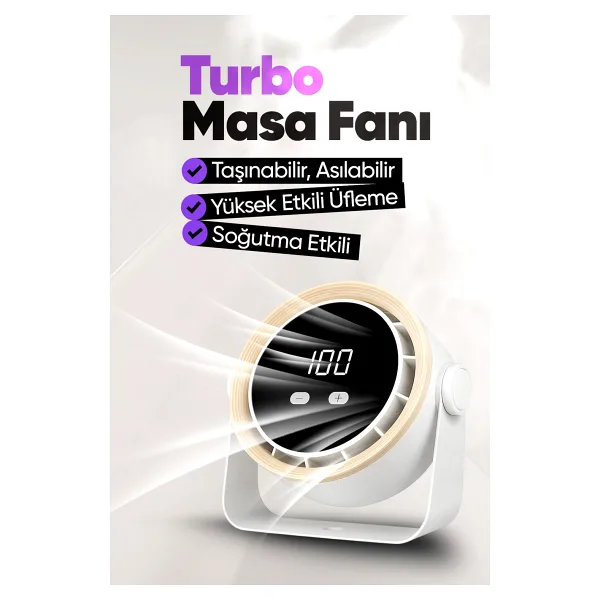 Şarjlı Turbo Masa Fanı Duvara Monte Edilebilir, Turbo Yüksek Üfleme Gücü, 5 Kademe Ayarlanabilir Hız - Beyaz