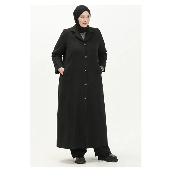 Sefa Merve Büyük Beden Boydan Düğmeli Kaşe Manto 0176-01 Siyah - 46