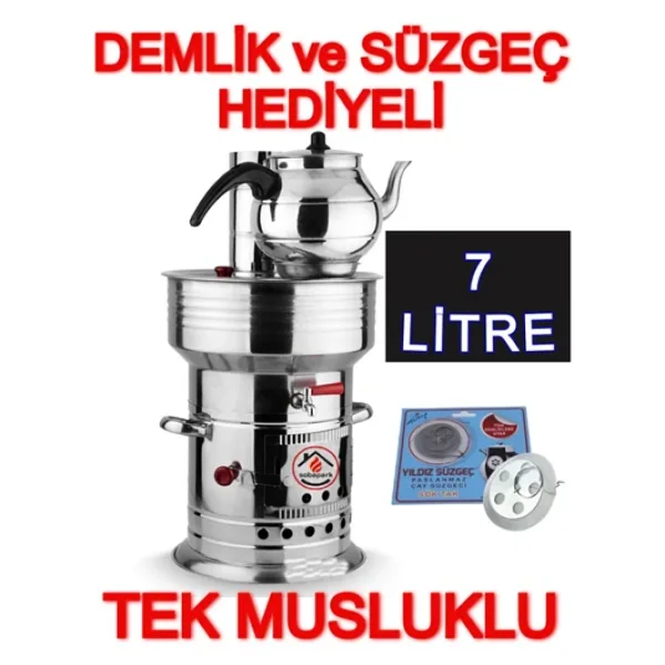 Sobapark Odunlu Kömürlü Çay Semaveri Odunlu Kömürlü Semaver Tek Musluklu Semaver 7 Litre Demlik 1 Litre