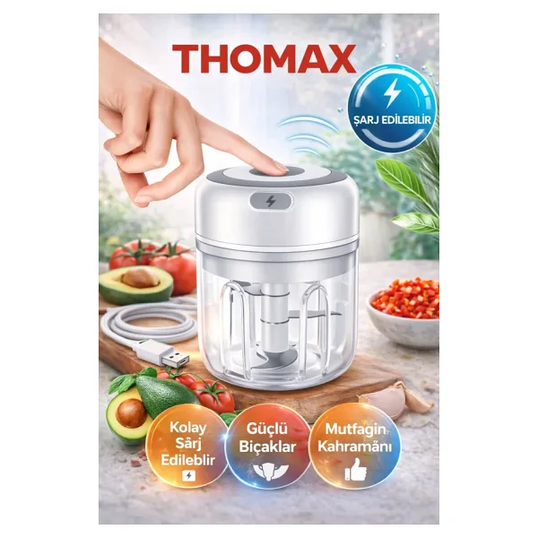 THOMAX Çok Amaçlı Şarjlı Otomatik 3 Bıçaklı Rondo Blender Doğrayıcı Gıda Ve Baharat Öğütücü