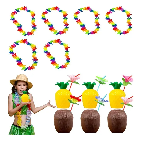 Tropikal Hawaii Parti Malzemeleri - Kolye, Pipet, Bardak Seti