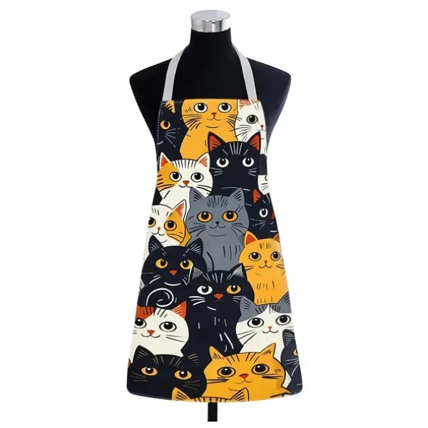 Valkyrie Kedi Desenli Mutfak Önlüğü Cepli Ayarlanabilir Askılı Unisex Mutfak Pişirme Servis Temizlik Önlüğü