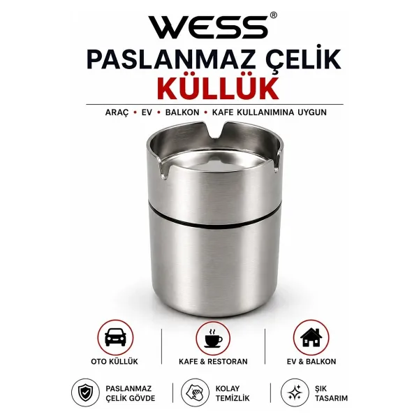 WESS Paslanmaz Çelik Küllük - Oto Küllük ve Masa Küllüğü - Araç, Balkon, Bahçe ve Kafe Kullanımına Uygun