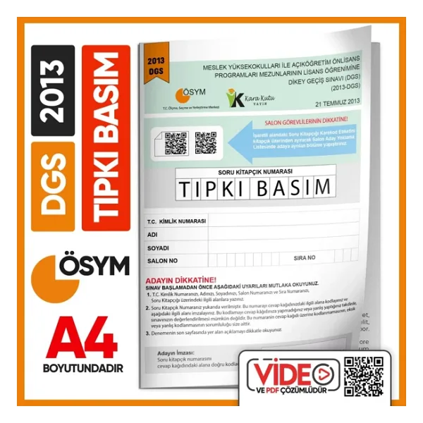 2013 Dgs Sayısal-Sözel Ösym Tıpkı Basım Çıkmış Soru Deneme Kitapçığı (Video Çözümlü Türkiye Geneli)