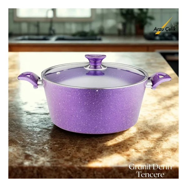 Arzu Cam Kapaklı Violet 28 cm Derin Granit Tencere