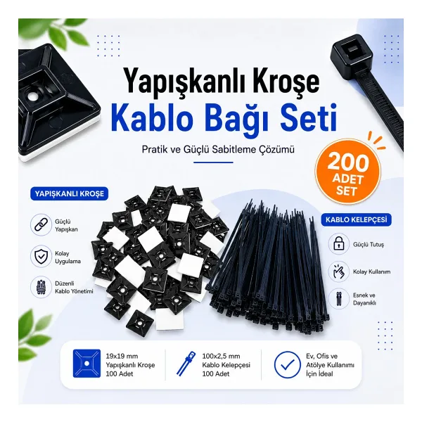 Atx Yapışkanlı Kroşe Kablo Bağı Seti Kroşe Cırt Seti 200 Parça