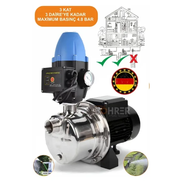 BÖHRER Bakır Sargılı 4 Kat 3 Daire 1 Hp Otomatik Musluk Aç Kapa Hidrofor Su Pompası Motoru Hidromat