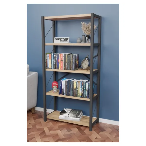CMKStore Metal Kitaplık 5 Raflı Dekoratif Kitaplık Atlantik Çam