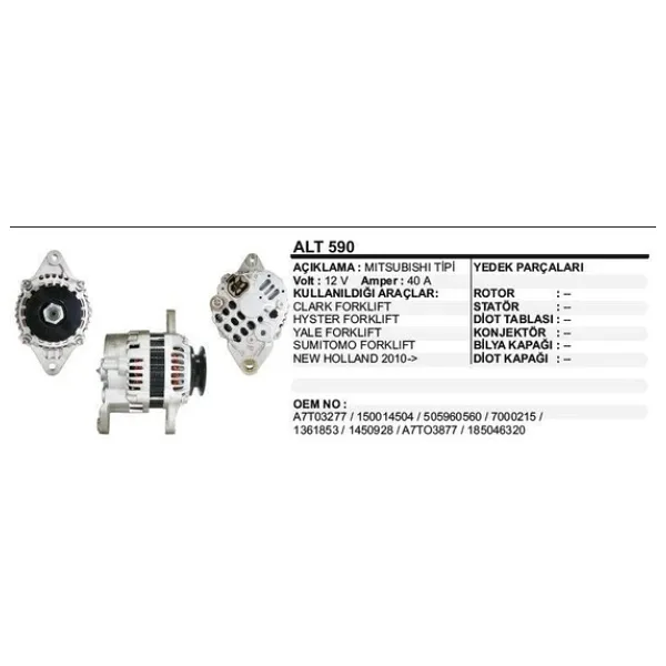 Dodo Alternatör 12V 40A Clark / Yale / Hyster Forklıft Mıtsubıshı Tip