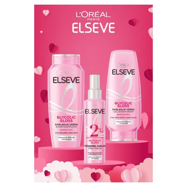 ELSEVE Glycolic Gloss Parlaklık Veren Saç Bakım Rutini Seti: Şampuan, Saç Kremi, Bakım Spreyi