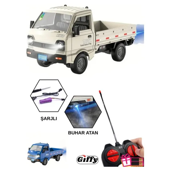 Giffy Uzaktan Kumandalı Rc Kamyonet, Işıklı, Buhar Atan, Şarjlı Iş Makinesi Araç Yük Taşıma Aracı Kamyonet - Beyaz - Mavi
