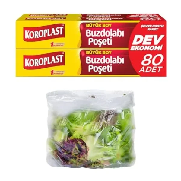Koroplast Büyük Boy Buzdolabı Poşeti Dev Ekonomi 80'li, Yeni Ekonomik Buzdolabı Poşeti Büyük Boy 30x42 cm, BPA İçermez, Sızdırmaz Saklama Torbası, Meyve, Sebze, Yemek, Et, Tavuk, Gıda Saklama Torbası