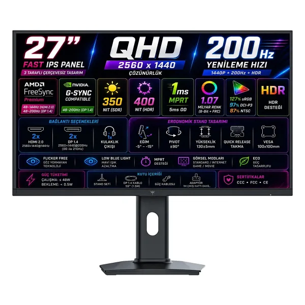 KTC H27T7P 27" 1 ms 2K Pivot IPS 200 Hz / 210 Hz OC Oyuncu Monitörü