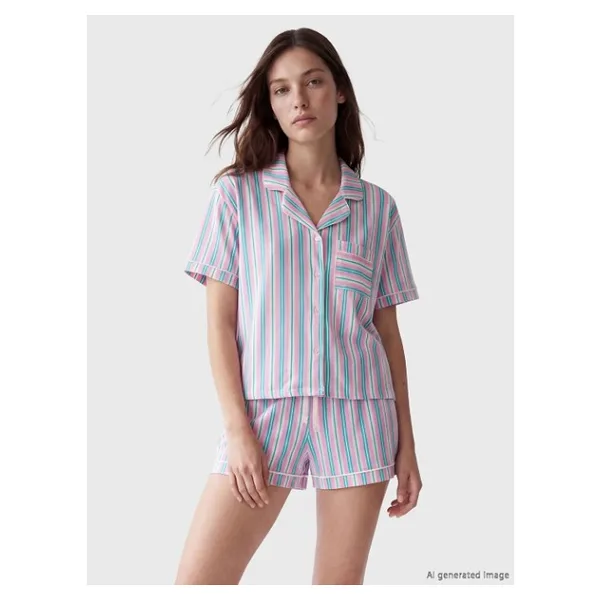 LC Waikiki Lcw Dream Karışık Gömlek Yaka Çizgili Kadın Şortlu Pijama Takımı