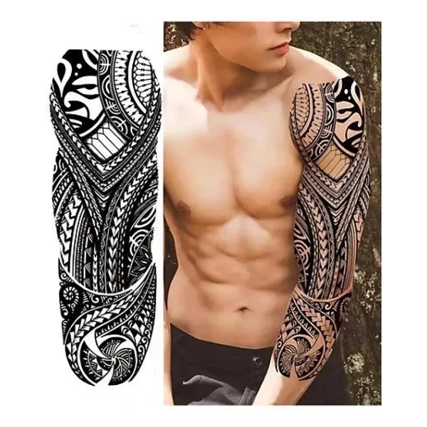 Maori Geçici Dövme Full Kol - Tribal Desenli Büyük Boy Tattoo (48x17 cm)