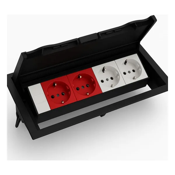 Masa Üstü Kapaklı Priz Kutusu - 2 Şebeke, 2 UPS, 1 Data Prizi Dahil - ABS Kırılmaz Siyah Plastik - Gömme Tip - 12,5x25,2 cm Kesim - 14,2x27 cm Dış Çap NE-AD