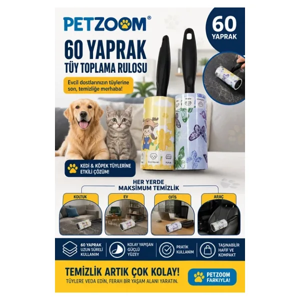 Mey İthalat Mey Ithalat Petzoom 60 Yaprak Tüy Toplama Rulosu Kedi Köpek Tüy Toplayıcı Ev Koltuk Araç Ofis Temizlik Rulosu