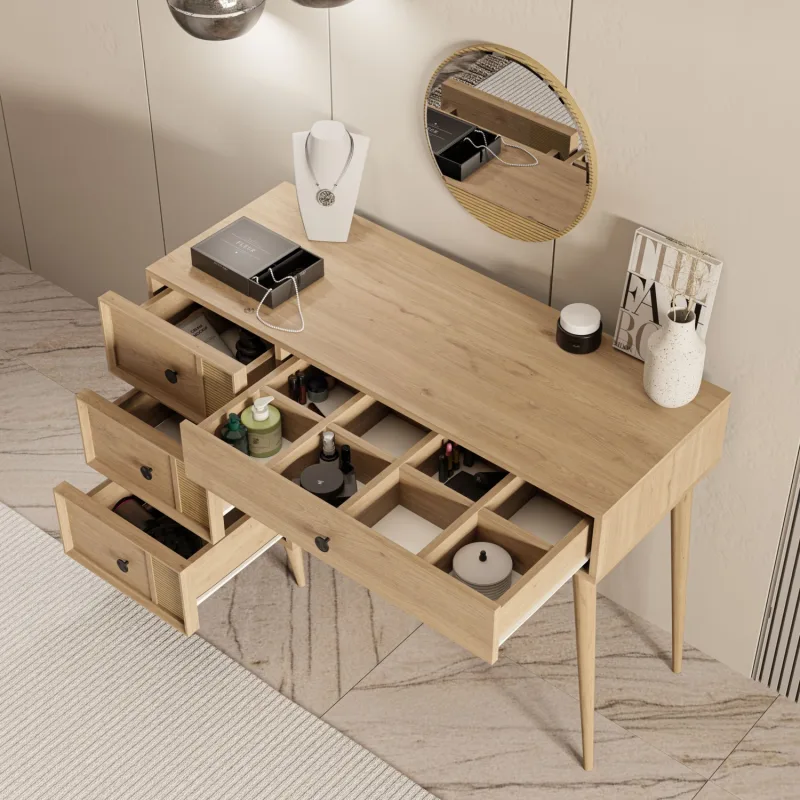 Mezza 2254 ROSE AYNALI (AHŞAP AYAKLI)MDF PROFİL ÇERÇEVELİ 4 ÇEKMECELİ 120 CM MAKYAJ MASASI SEPET-YUNUS