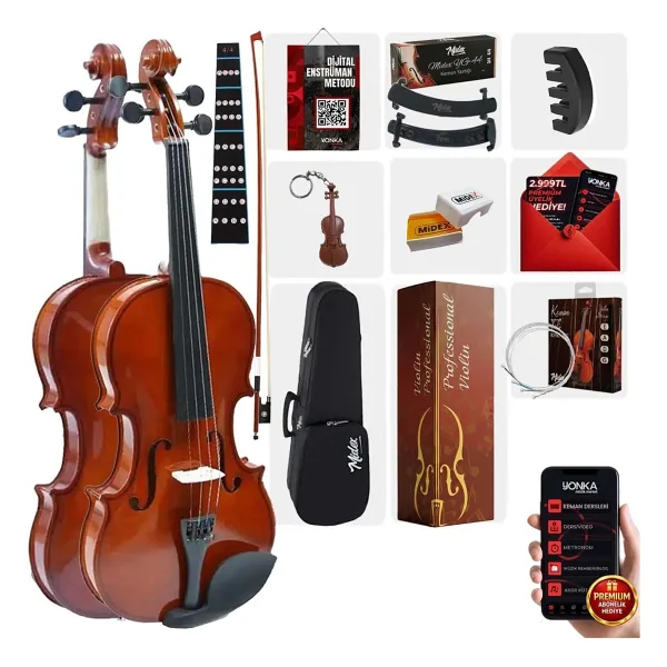 Midex CVL-743-TYS Profesyonel 3/4 Çocuk Kemanı Seti 10-13 Yaş (Yastık Tel Çanta Yay Susturucu Reçine) - Kahverengi