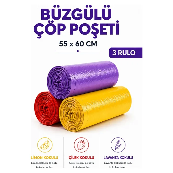 MSE HOLD Büzgülü Çöp Poşeti Çilek Limon Lavanta Kokulu 55x60 cm Orta Boy 3 Rulo