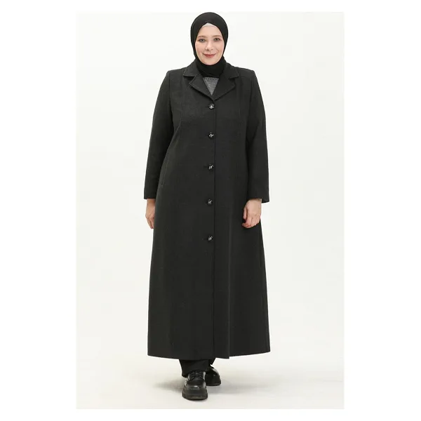 Sefa Merve Büyük Beden Boydan Düğmeli Kaşe Manto 0176-04 Füme - 44