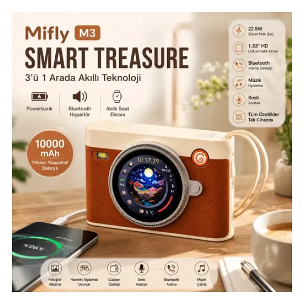 Smart Treasure M3 10000 Mah 22.5W Hızlı Şarjlı Powerbank Bluetooth Hoparlör 1.53'' Dokunmatik Akıllı Ekranlı Taşınabilir Şarj Cihazı