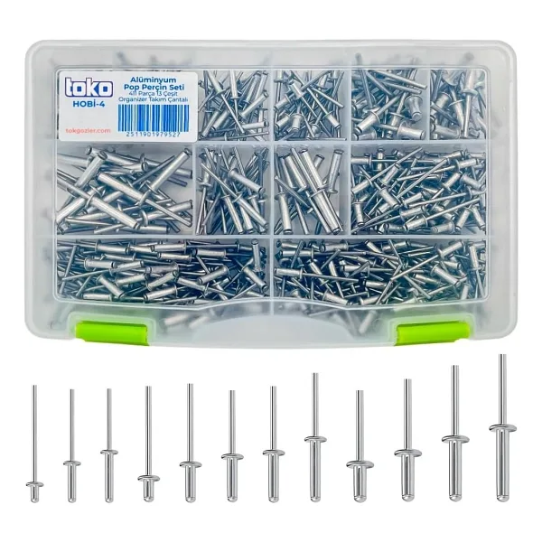 Toko Hobi-4 Alüminyum Pop Perçin Seti 411 Parça 13 Çeşit Organizer Takım Çantalı