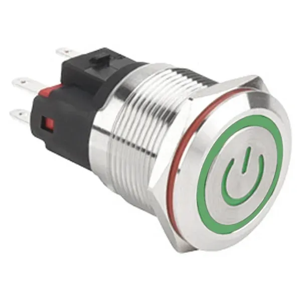 WD22E-P1Z-EC 22mm Düz Anahtarlı Işıklı Power Metal Buton - Yeşil