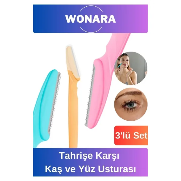 Wonara Premium Pratik Tahrişe Karşı Bakım İçin Tüy Yüz Bıyık Alma Aleti 3'lü Set Kaş ve Yüz Usturası