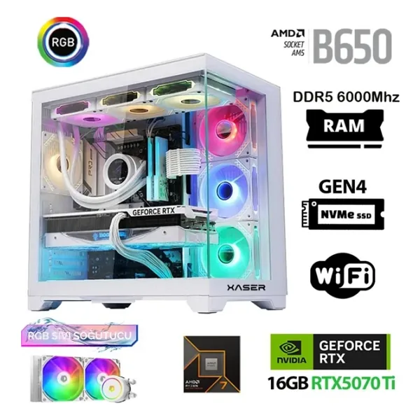 Xaser Velox x130 Ryzen 7 9800X3D 32GB DDR5 Ram 1TB M.2 NVMe SSD 16GB RTX5070Ti Masaüstü Oyuncu Bilgisayarı