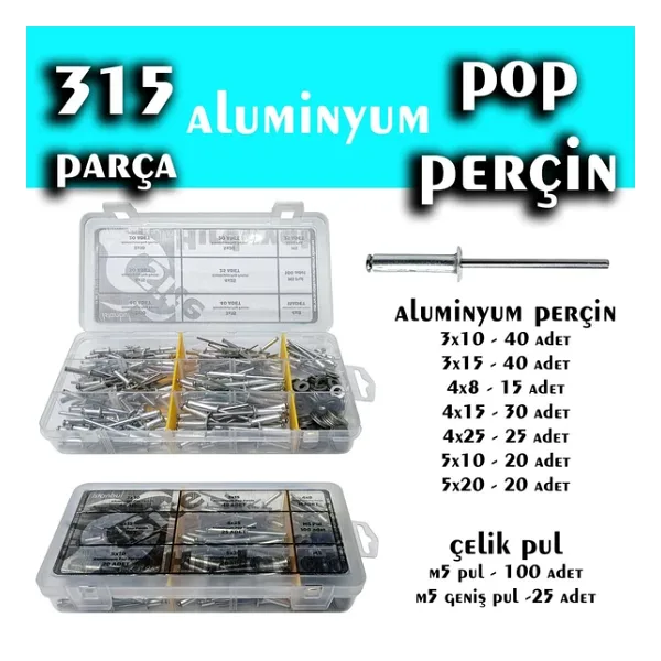 315 Parça Aluminyum Pop Perçin Seti