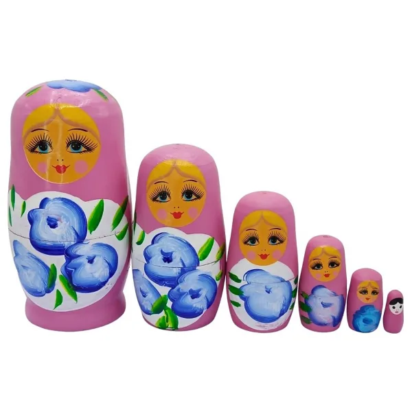 Ahşap Matruşka Bebek Altılı Set Gül Pembe - Standart