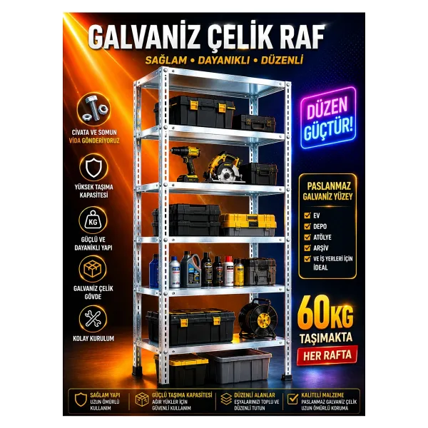 Alanraf 6 Katlı Galvaniz Çelik Raf 31X93X200 cm Hırdavat, Market, Ofis, Banyo, Depo, Mutfak, Raf Sistemleri
