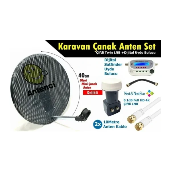 Antenci 40CM Delikli Karavan Çanak Anten Seti Çiftli Lnb +Digital Uydu Bulucu