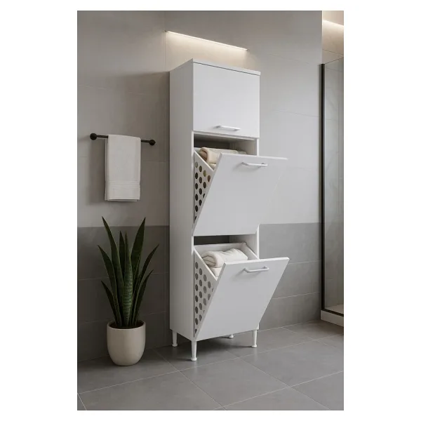 AZZURİ Furniture Çamaşır Sepetli Banyo Dolabı 2 Sepetli Çok Amaçlı Dolap Beyaz