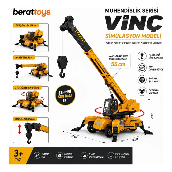 Berattoys Oyuncak Iş Makinaları Vinç Ful Fonksiyon Iş Araçları Kırılmaz Örümcek Vinç Inşaat Set