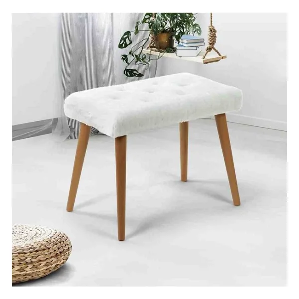 Beylerbeyi Gürgen Retro Ahşap Ayaklı Handmade Pofidik Puf Bench Koltuk - Kırık Beyaz - Gold