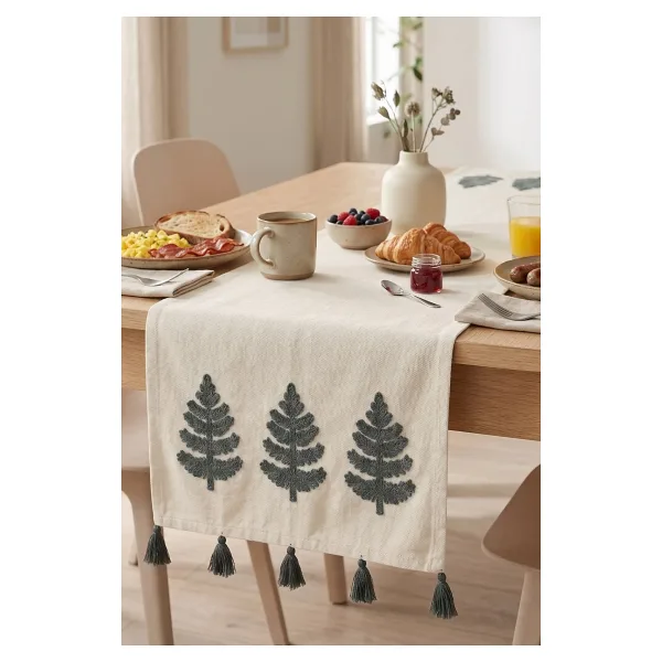 Destiva Home Gri Renk Ağaç Nakışlı Püsküllü Buldan İşi Pamuk Runner (40x130 cm)