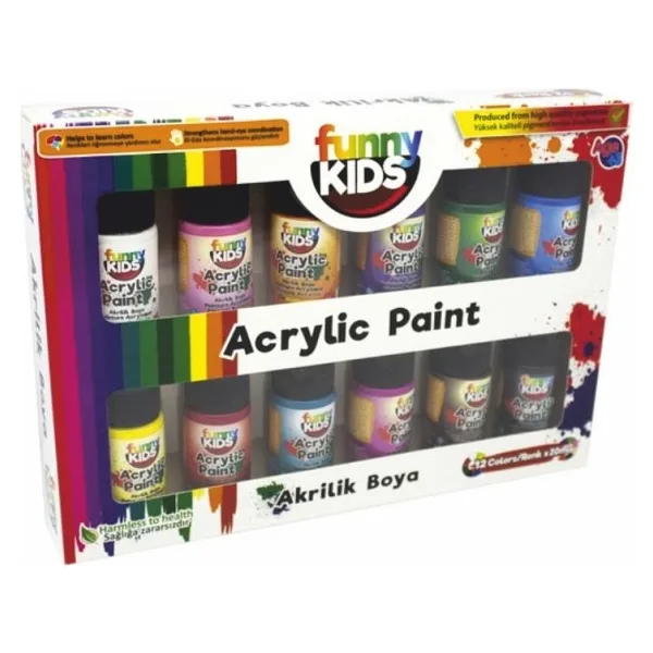 Funny Kids Akrilik Boya 12 Renkli 20 ml Set Çocuklar İçin Güvenli ve Eğlenceli