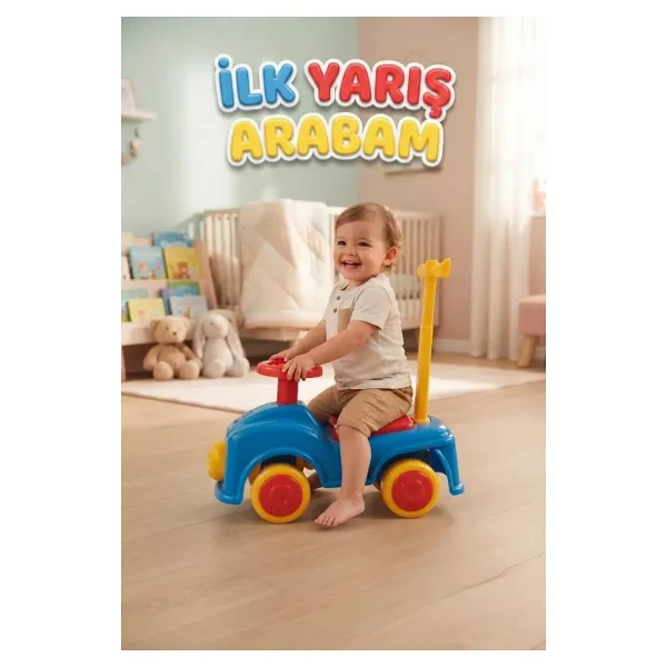 İlk Yarış Arabam 10 - 15 Kg Taşıma Kapasiteli Dayanıklı Binişli Ayıcık Süslemeli Oyuncak Araba