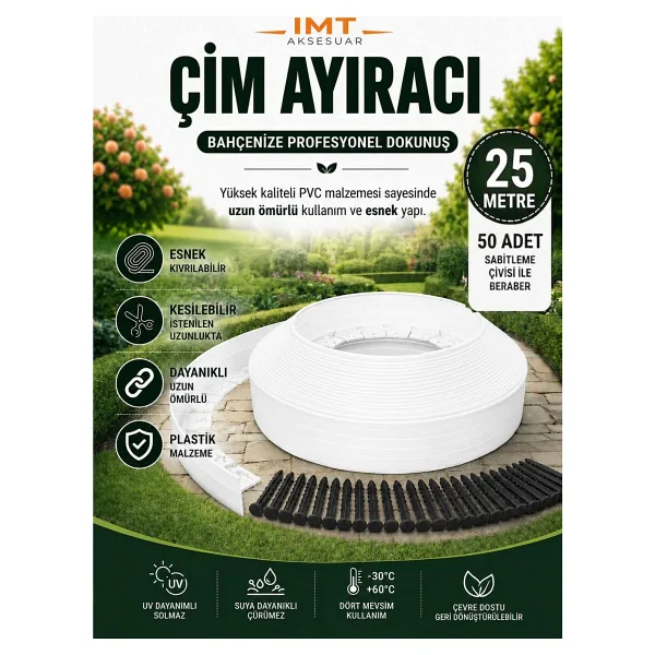 İMT AKSESUAR Esnek PVC Çim Ayırıcı Bahçe Peysaj Düzenleyici (25 Metre Beyaz) Çim Sınırlayıcı Esnek Plastik Taş Toprak Ayraç Bariyer Peyzaj Bordürü